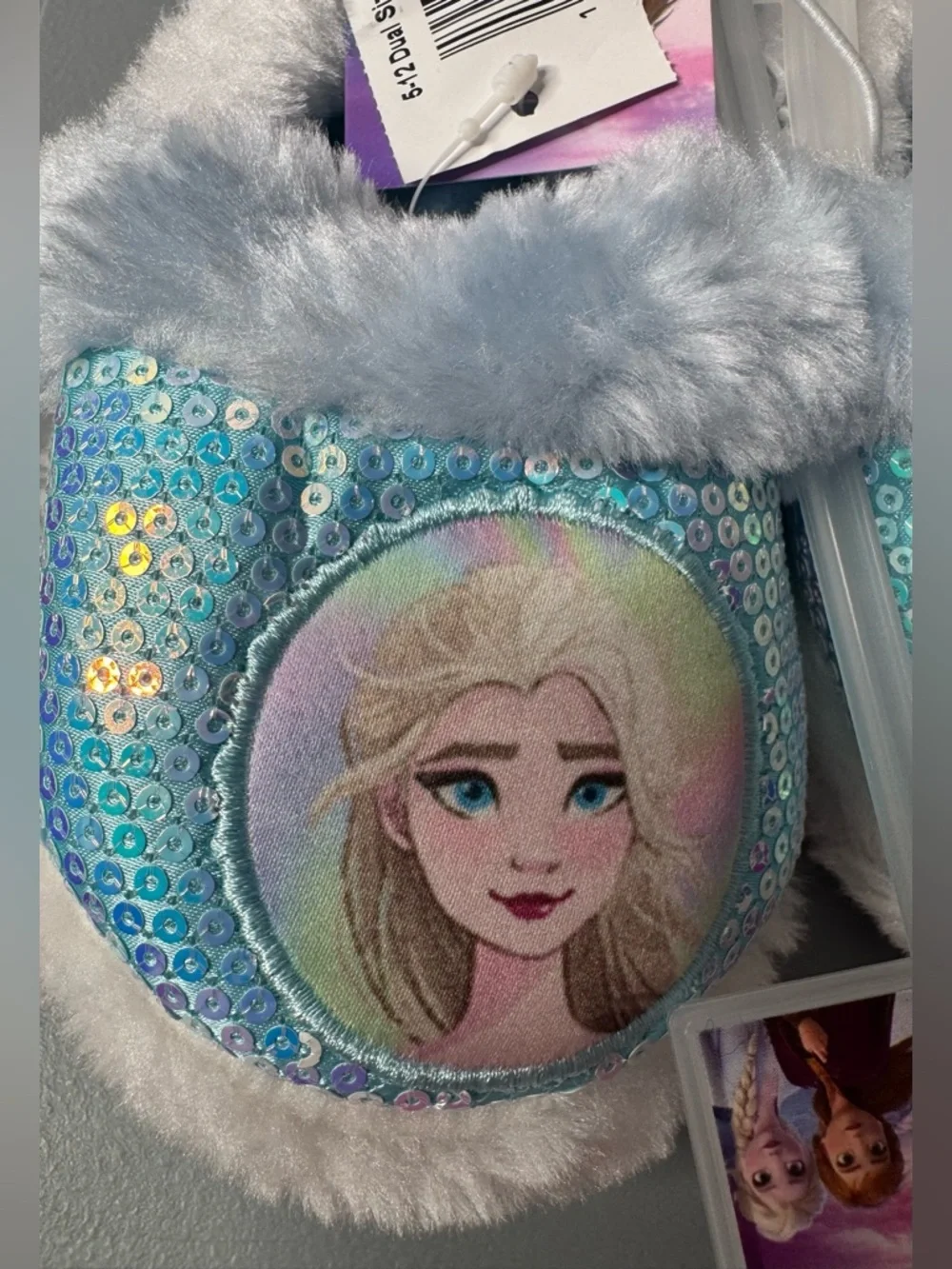 Disney Frozen Elsa & Anna Sequin Slippers iridescent faux fur slip-ons size 5/6